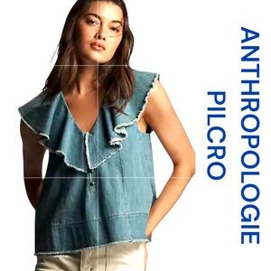 ANTHROPOLOGIE PILCRO Ruffle-Neck Denim Swing Blouse, Size XL.